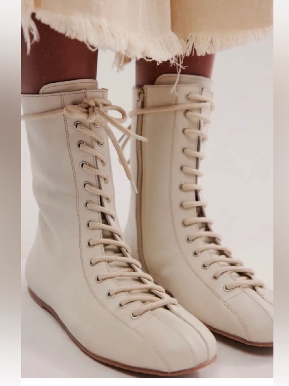 Free People Boxing Day Lace Up Flat Boot Ivory Leather Inside Zipper 7